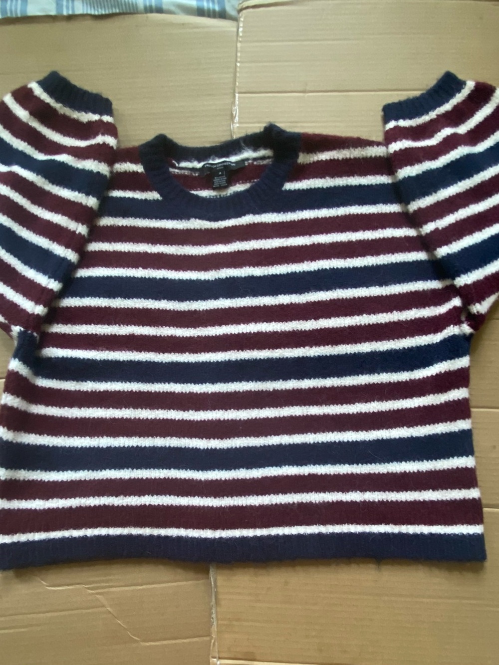 French Connection Striped Crewneck Sweater in Burgundy, Navy & White